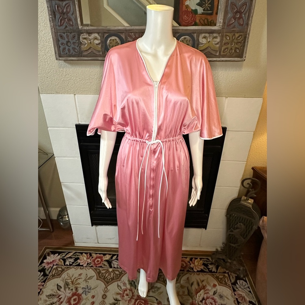 Vanity Fair Pink Satin Robe with White Trim